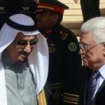 Saudi King Salman (left) welcomes Palestinian Authority President Mahmoud Abbas at Riyadh’s King Khalid International Airport in February 2015. (Thaer Ghanaim/PPO via Getty Images)