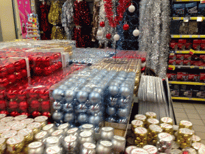 Tinsel, toys, candle holders, candles, candies, garlands on sale in Morocco (Photo: The View From Fez)