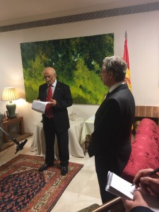 Honorary Consul Avner Azoulay speaks ceremony marking the restitution of Spanish citizenship to Sephardic Jews in Israel as Spain's Ambassador Fernando Carderera looks on.