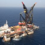 Crane vessel laying newly arrived foundation platform for Leviathan natural gas field off Israeli coast , January 2019. (Marc Israel Sellem/POOL/AFP via Getty Images)