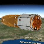 A digital rendering of the Ofek-16 satellite in orbit around the Earth. (Israel Defense Ministry)